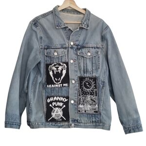Denim Jacket Punk Patches Grunge Super Distressed Size M